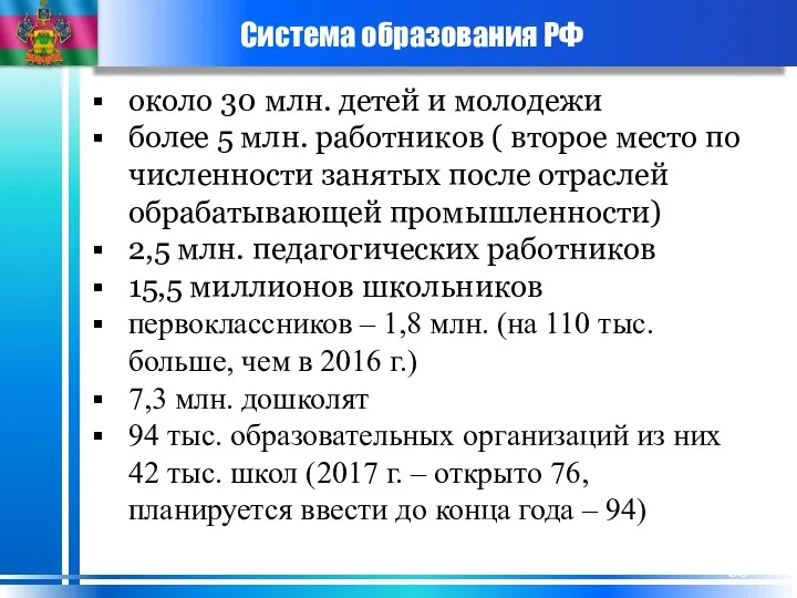 Система образования РФ около 30 млн. детей и молодежи более 5 млн. работников