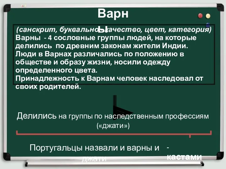 (санскрит, буквально - качество, цвет, категория) Варны - 4 сословные