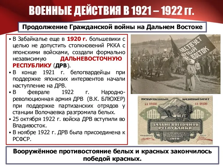 ВОЕННЫЕ ДЕЙСТВИЯ В 1921 – 1922 гг. Продолжение Гражданской войны