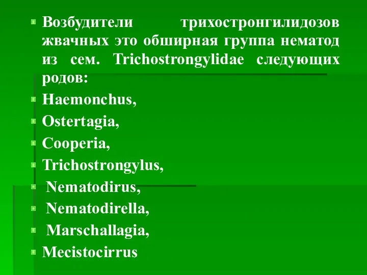 Возбудители трихостронгилидозов жвачных это обширная группа нематод из сем. Trichostrongylidae