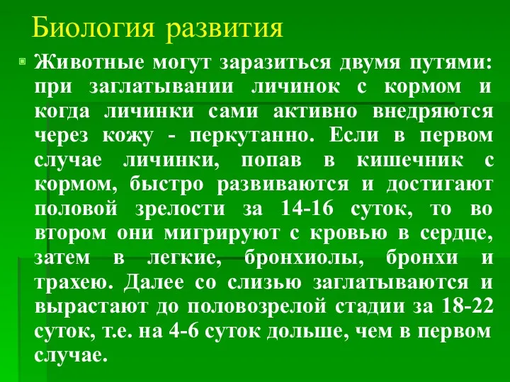 Биология развития Животные могут заразиться двумя путями: при заглатывании личинок