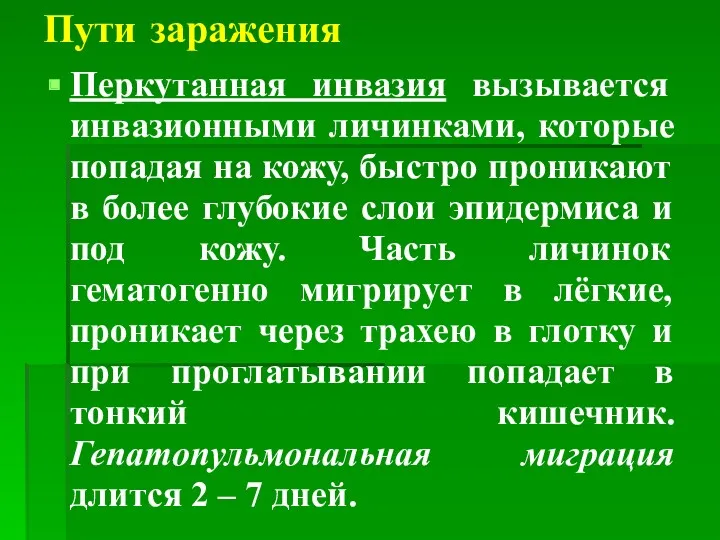 Пути заражения Перкутанная инвазия вызывается инвазионными личинками, которые попадая на