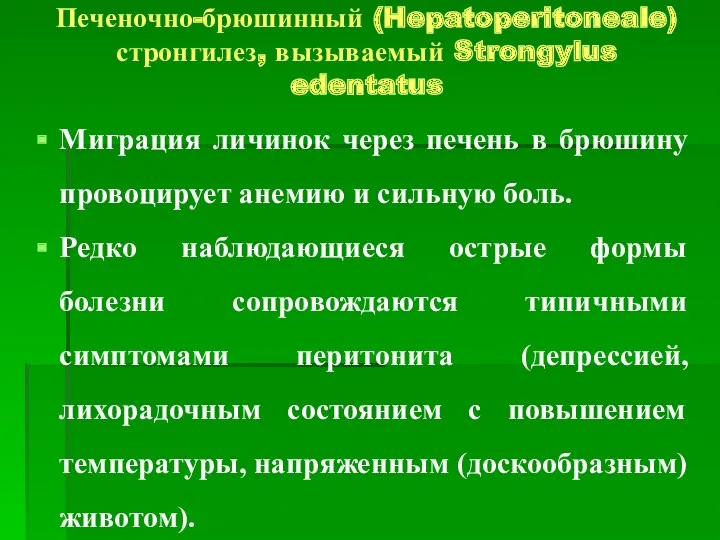 Печеночно-брюшинный (Hepatoperitoneale) стронгилез, вызываемый Strongylus edentatus Миграция личинок через печень