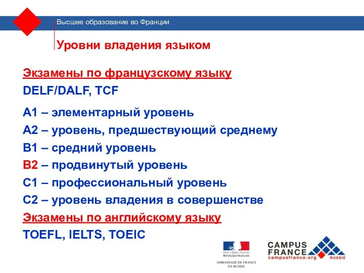 Уровни владения языком Экзамены по французскому языку DELF/DALF, TCF А1