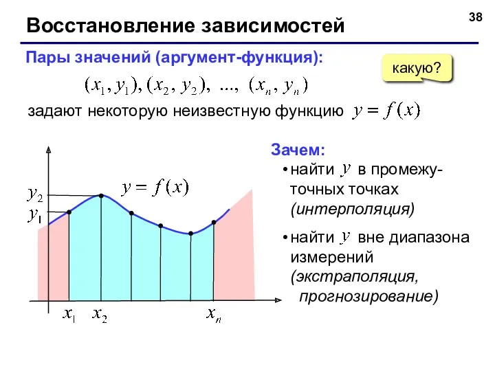 Восстановление зависимостей Пары значений (аргумент-функция): задают некоторую неизвестную функцию Зачем: