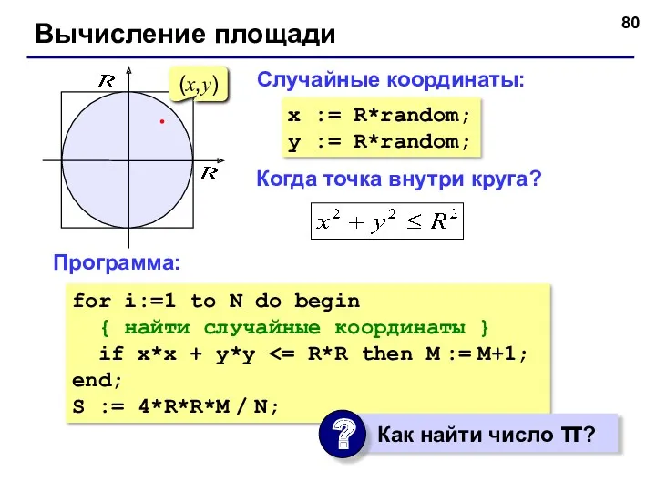 Вычисление площади Когда точка внутри круга? (x,y) Случайные координаты: x