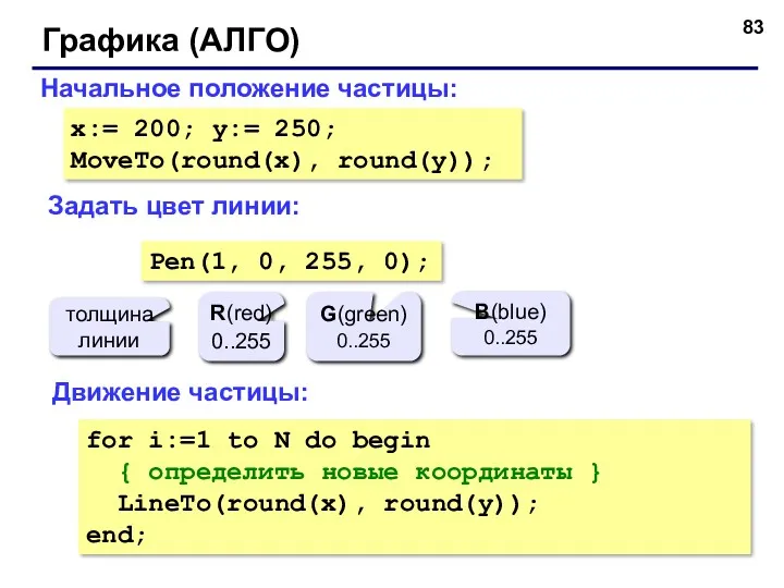 Графика (АЛГО) Задать цвет линии: Начальное положение частицы: x:= 200;