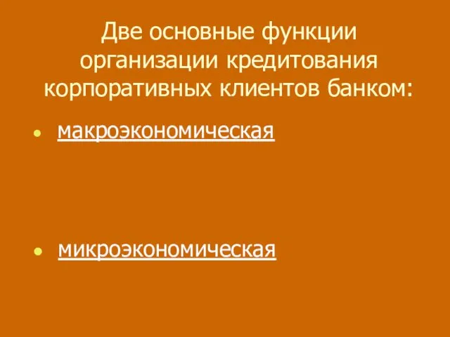 Две основные функции организации кредитования корпоративных клиентов банком: макроэкономическая микроэкономическая