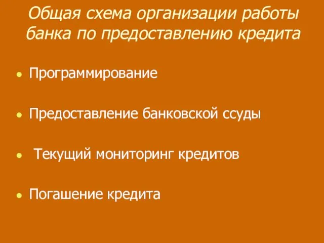 Общая схема организации работы банка по предоставлению кредита Программирование Предоставление