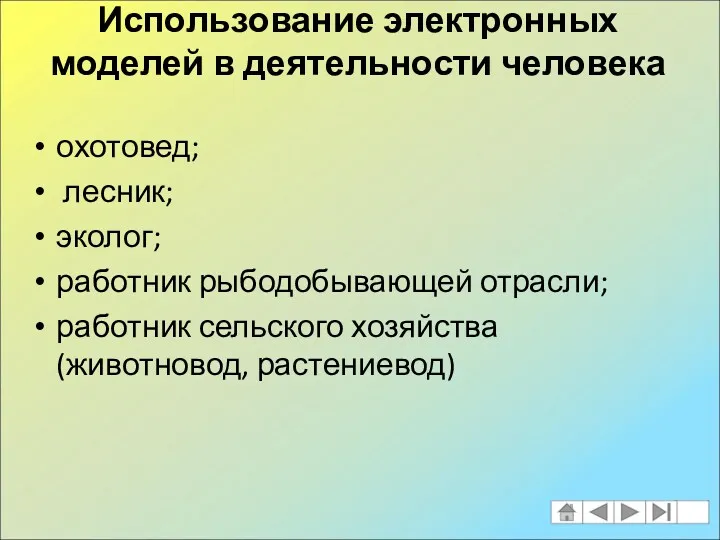 Использование электронных моделей в деятельности человека охотовед; лесник; эколог; работник