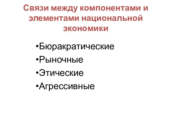 Связи между компонентами и элементами национальной экономики Бюракратические Рыночные Этические Агрессивные