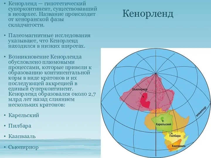 Кенорленд Кенорленд — гипотетический суперконтинент, существовавший в неоархее. Название происходит от кеноранской фазы