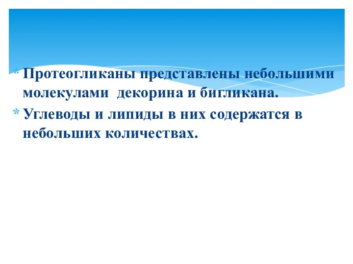 Протеогликаны представлены небольшими молекулами декорина и бигликана. Углеводы и липиды в них содержатся в небольших количествах.