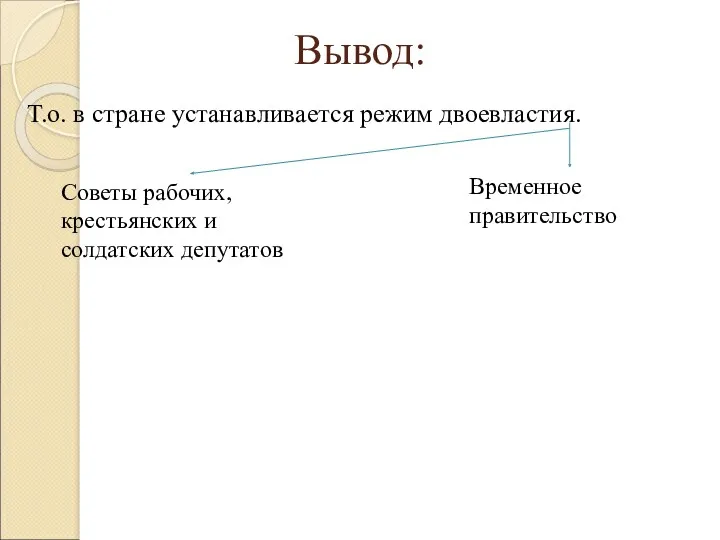 Вывод: Т.о. в стране устанавливается режим двоевластия. Советы рабочих, крестьянских и солдатских депутатов Временное правительство