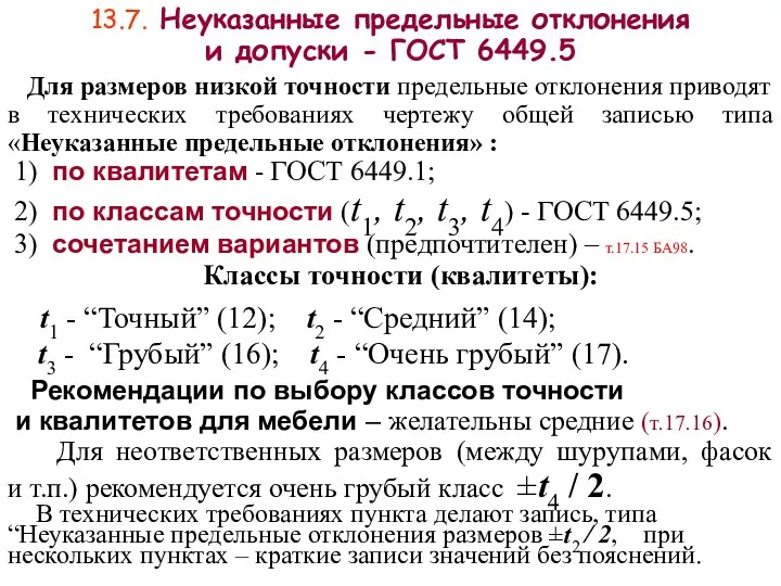 13.7. Неуказанные предельные отклонения и допуски - ГОСТ 6449.5 Для размеров низкой точности