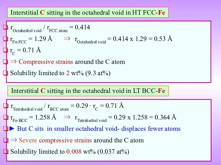 Interstitial C sitting in the octahedral void in HT FCC-Fe