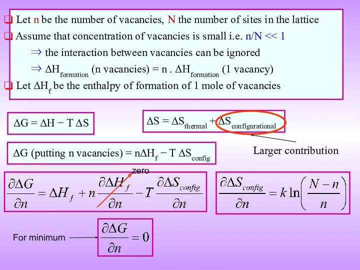 ΔG = ΔH − T ΔS ΔG (putting n vacancies)