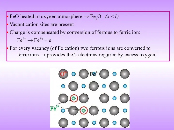 FeO heated in oxygen atmosphere → FexO (x Vacant cation