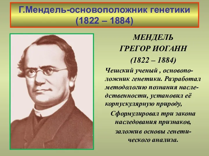 Г.Мендель-основоположник генетики (1822 – 1884) МЕНДЕЛЬ ГРЕГОР ИОГАНН (1822 – 1884) Чешский ученый