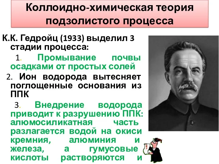 Коллоидно-химическая теория подзолистого процесса К.К. Гедройц (1933) выделил 3 стадии