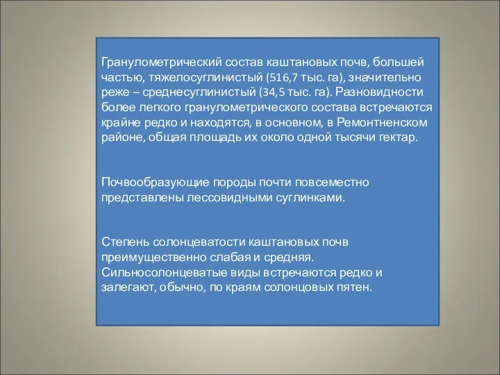 Гранулометрический состав каштановых почв, большей частью, тяжелосуглинистый (516,7 тыс. га),