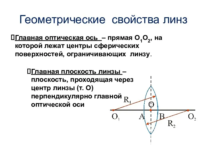 Геометрические свойства линз Главная оптическая ось – прямая О1О2, на