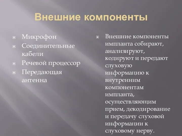 Внешние компоненты Микрофон Соединительные кабели Речевой процессор Передающая антенна Внешние