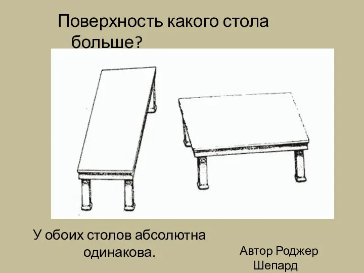 У обоих столов абсолютна одинакова. Автор Роджер Шепард Поверхность какого стола больше?