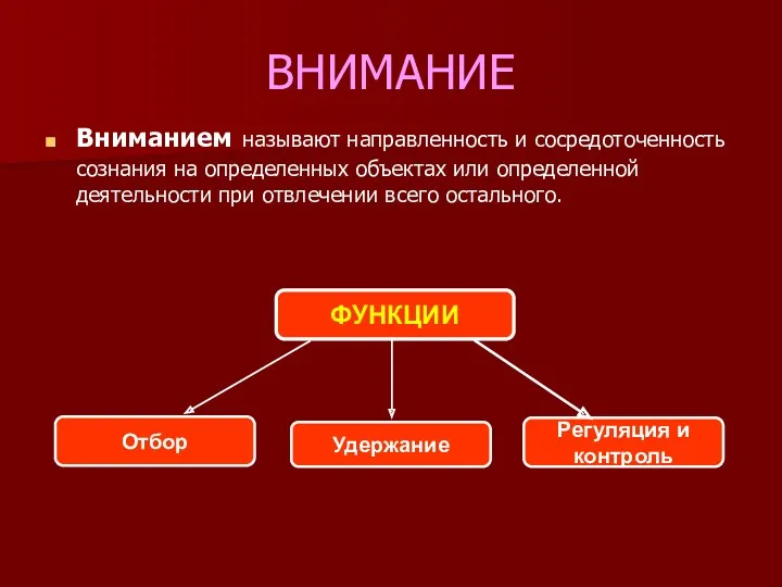 ВНИМАНИЕ Вниманием называют направленность и сосредоточенность сознания на определенных объектах