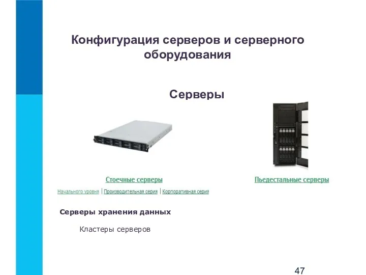 Конфигурация серверов и серверного оборудования Cерверы Серверы хранения данных Кластеры серверов