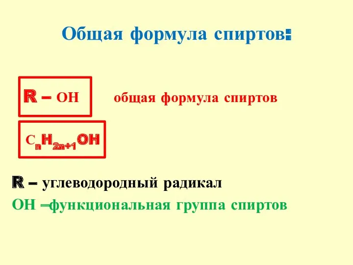 Общая формула спиртов: R – ОН общая формула спиртов СnH2n+1OH