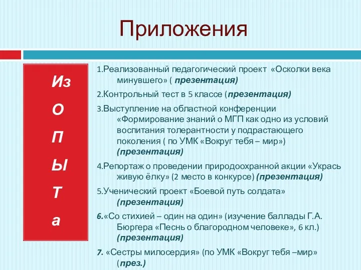 Приложения Из О П Ы Т а 1.Реализованный педагогический проект