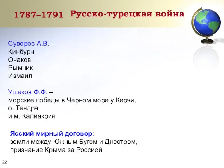 1787–1791 Русско-турецкая война Суворов А.В. – Кинбурн Очаков Рымник Измаил Ушаков Ф.Ф. –