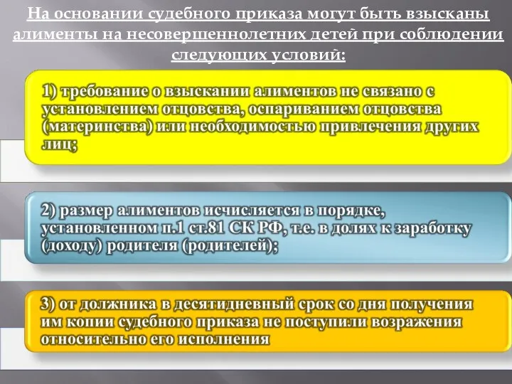 На основании судебного приказа могут быть взысканы алименты на несовершеннолетних детей при соблюдении следующих условий: