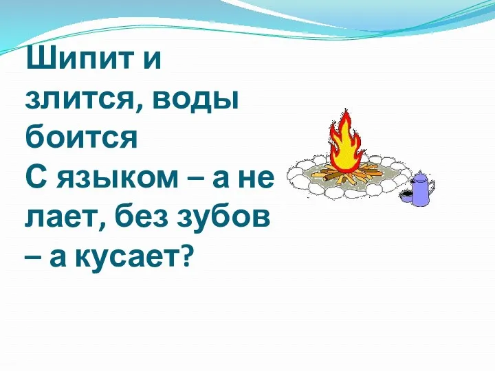 Шипит и злится, воды боится С языком – а не лает, без зубов – а кусает?