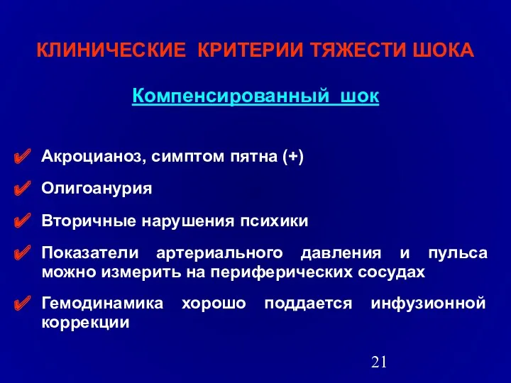 КЛИНИЧЕСКИЕ КРИТЕРИИ ТЯЖЕСТИ ШОКА Компенсированный шок Акроцианоз, симптом пятна (+)