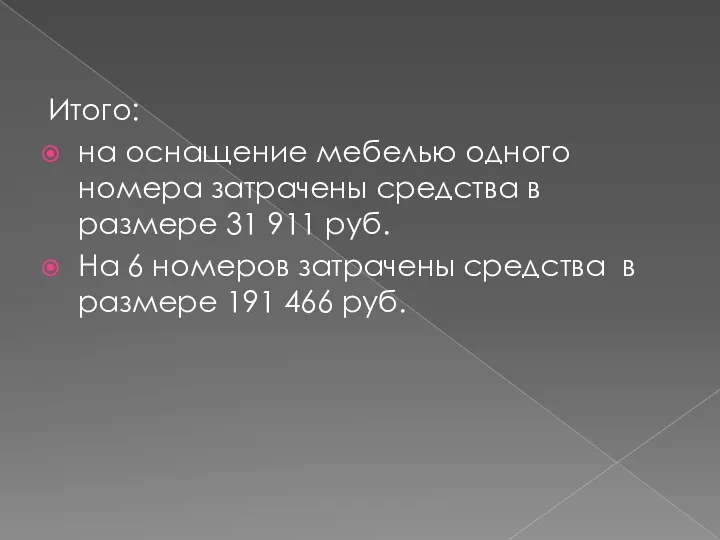 Итого: на оснащение мебелью одного номера затрачены средства в размере 31 911 руб.