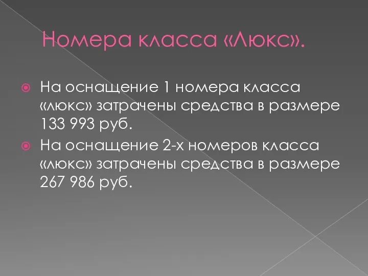 Номера класса «Люкс». На оснащение 1 номера класса «люкс» затрачены средства в размере