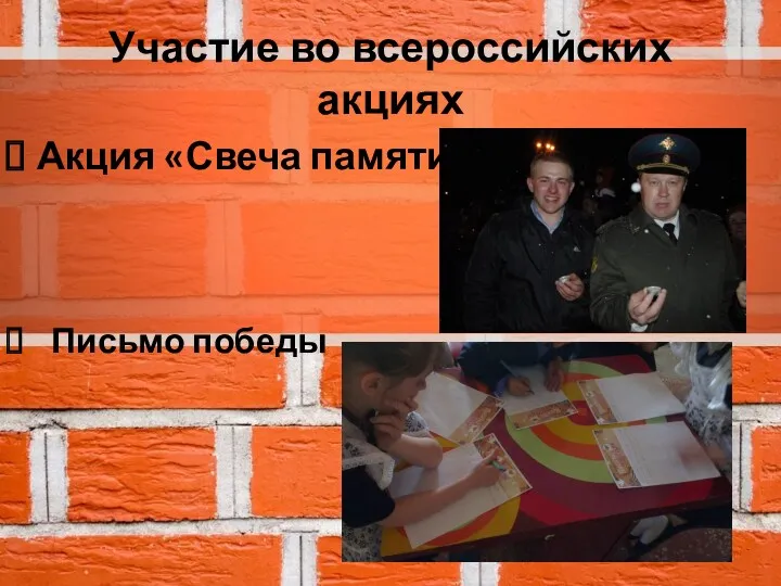 Участие во всероссийских акциях Акция «Свеча памяти» Письмо победы