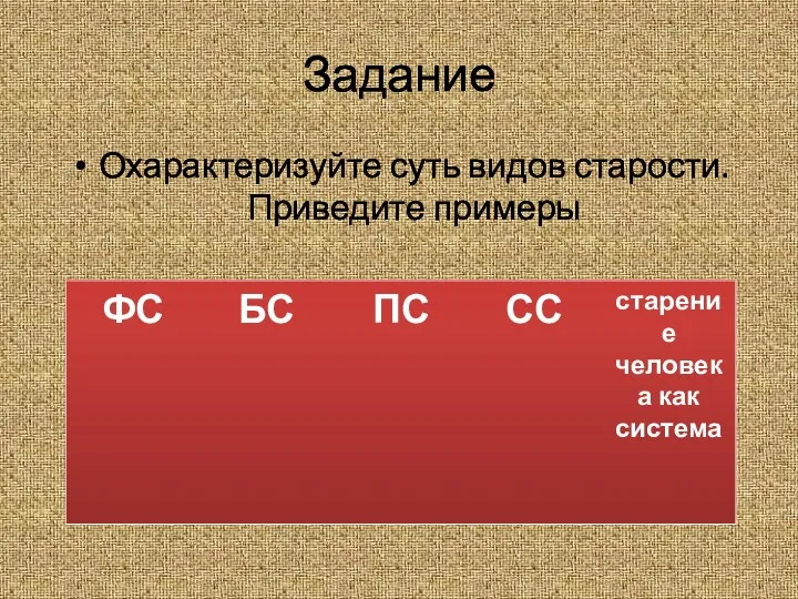 Задание Охарактеризуйте суть видов старости. Приведите примеры