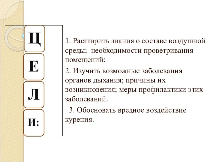 1. Расширить знания о составе воздушной среды; необходимости проветривания помещений;