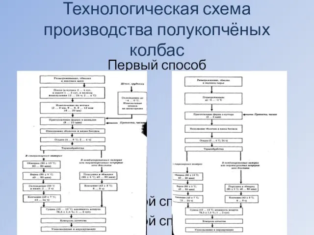 Технологическая схема производства полукопчёных колбас Первый способ Второй способ Второй способ