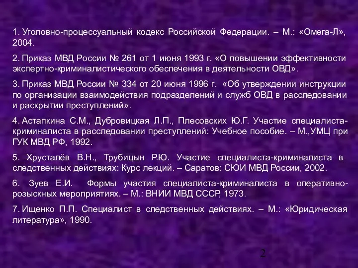 1. Уголовно-процессуальный кодекс Российской Федерации. – М.: «Омега-Л», 2004. 2.