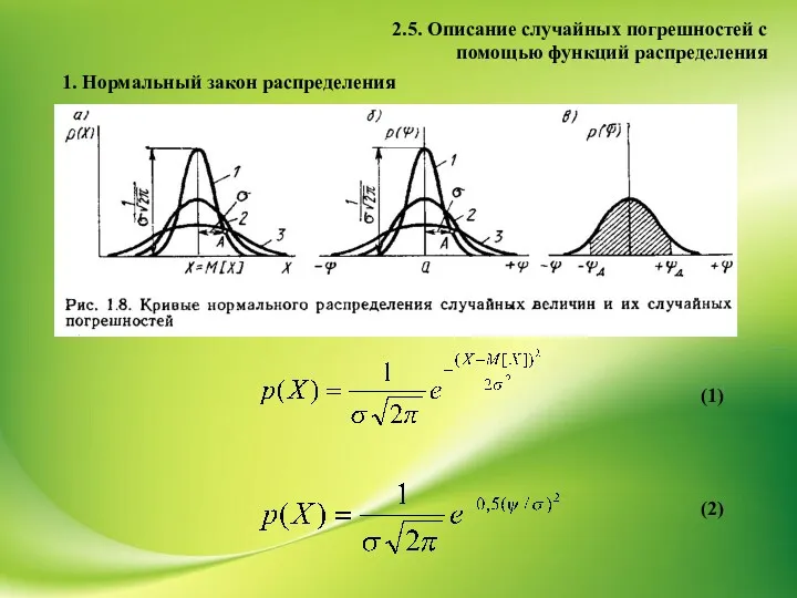2.5. Описание случайных погрешностей с помощью функций распределения (1) (2) 1. Нормальный закон распределения