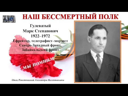 БИБЛИОТЕКА НАШ БЕССМЕРТНЫЙ ПОЛК Гулеватый Марк Степанович 1922–1972 Ефрейтор, телеграфист–морзист