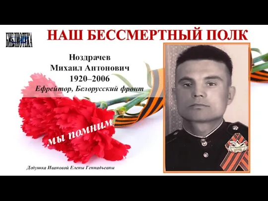 БИБЛИОТЕКА НАШ БЕССМЕРТНЫЙ ПОЛК Ноздрачев Михаил Антонович 1920–2006 Ефрейтор, Белорусский