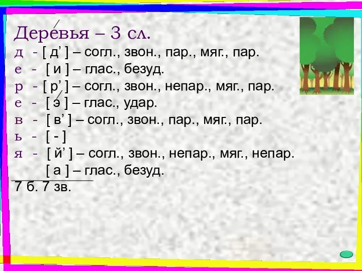 Деревья – 3 сл. д - [ д’ ] – согл., звон., пар.,