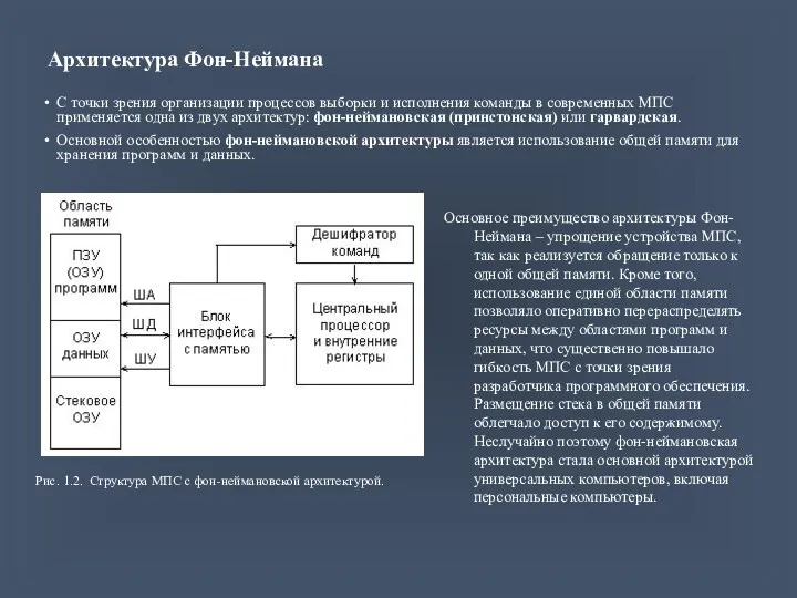 Архитектура Фон-Неймана С точки зрения организации процессов выборки и исполнения команды в современных