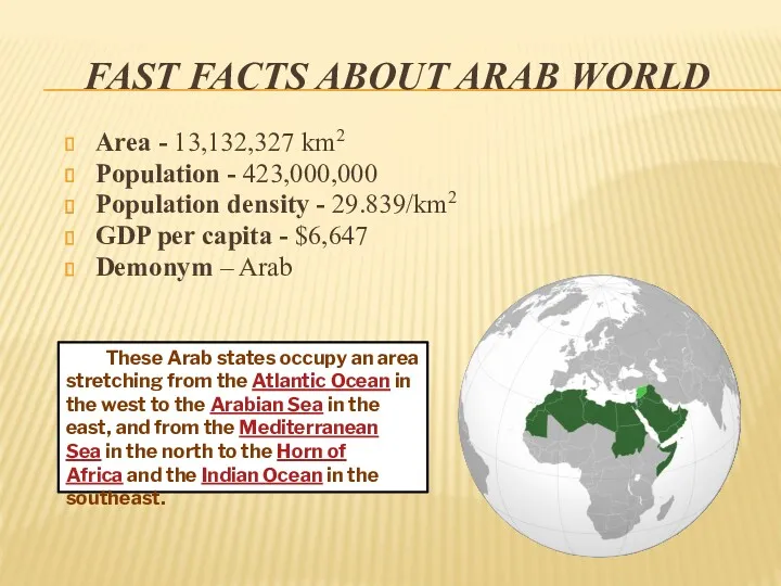 FAST FACTS ABOUT ARAB WORLD Area - 13,132,327 km2 Population