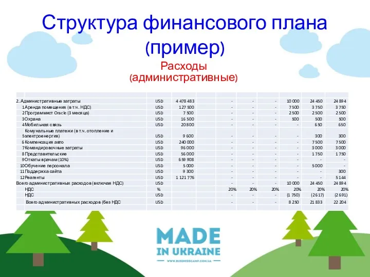 Структура финансового плана (пример) Расходы (административные)